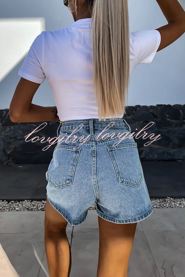 Fashion Rhinestone Loose Pocket Denim Shorts