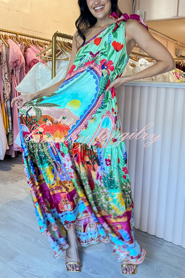 Queens of Creation Unique Print One Shoulder Tie-up Pocketed Loose Maxi Dress