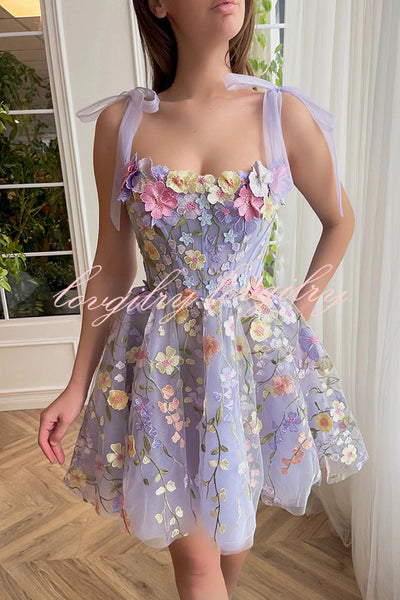 Lavender Floral Lace Up High Waisted Back Zip Mini Dress