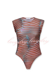 Bella Stretch Mesh Unique Print Bodysuit and High Rise Elastic Waist Maxi Skirt Set