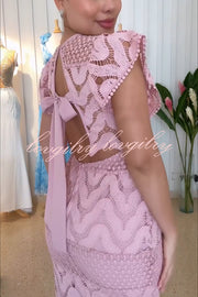 Elouise Wave Dot Embroidery Lace Back Tie-up Top and Elastic Waist Maxi Skirt Set