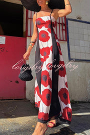 Floral Print Suspenders Paneled Back Pleated Maxi Dress