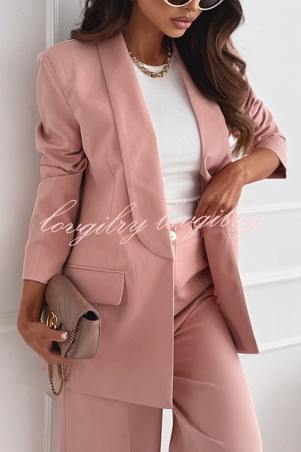 Solid Color Lapel Long Sleeve Casual Blazer and Pocket Wide Leg Pants Set