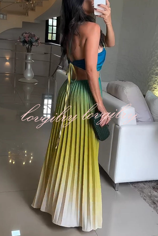 Fashionable Backless Tie Elegant Gradient Pleated Maxi Dress