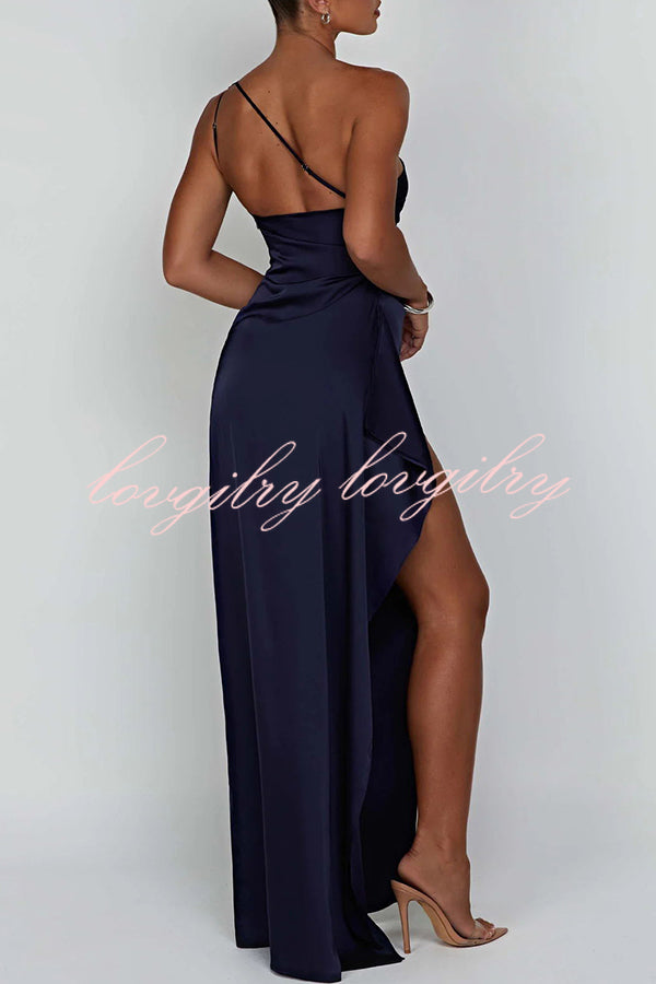 Fits Your Curves Satin One Shoulder Drape Slit Maxi Dress