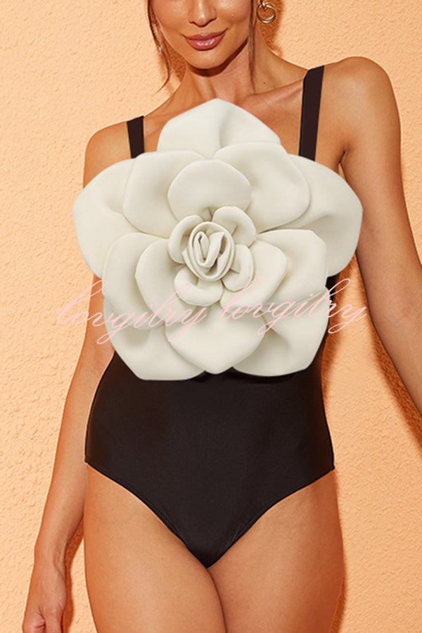 Fashionable Contrast Color Large Flower Stretch One-piece Swimsuit