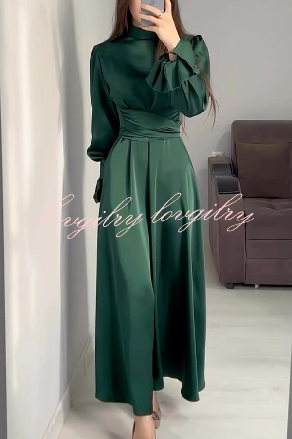 Solid Color Ruffled Sleeves Waisted Tie Slim Fit Maxi Dress