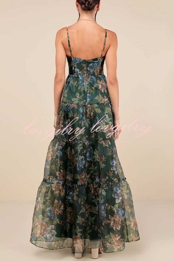 Exclusive Glamour Organza Floral Print Tiered Slip Maxi Dress