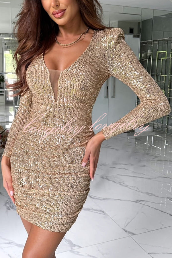 Dreamy and Dazzling Sequin Mesh V-neck Long Sleeve Ruched Stretch Mini Dress