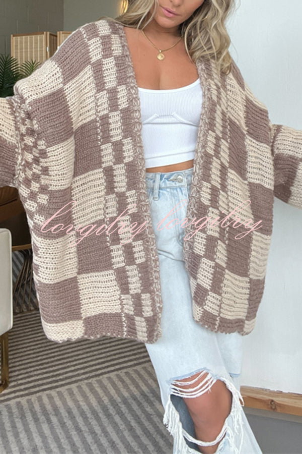 Casual Plaid Mid-length Loose Knitted Outerwear