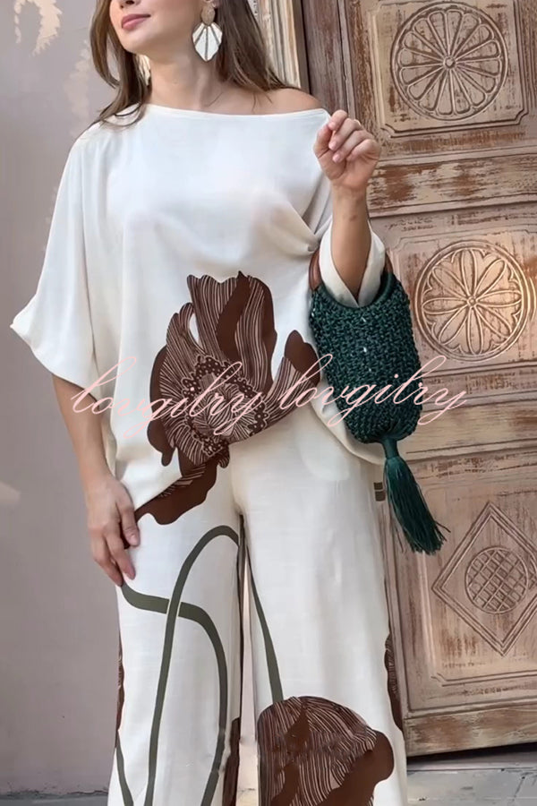 Floral Print Batwing Sleeves Loose-fitting Top and Relaxed Pocket Straight Pants Set
