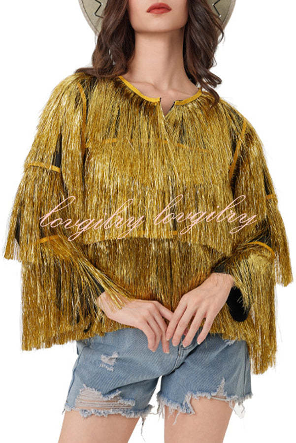 Start The Party Gold Foil Tassels Long Sleeve Jacket