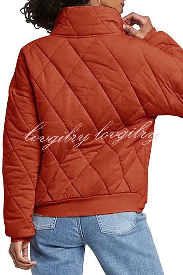 Solid Diamond Quilted Pocket Button Long Sleeve Coat