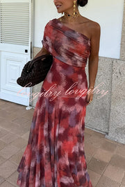 Unique Printed Off-the-shoulder Waisted Holiday Maxi Dress