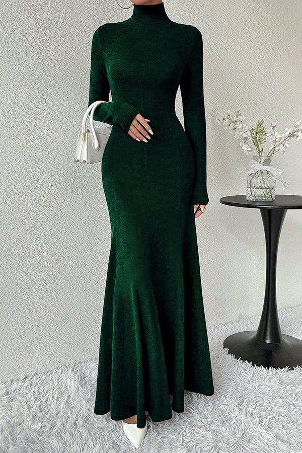 Solid Color High-neck Long-sleeved Slim-fit Fishtail Elegant Maxi Dress