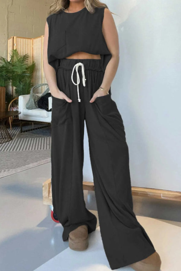 Best Comfort Pocketed Tank Top and Elastic Waist Wide Leg Pants Set