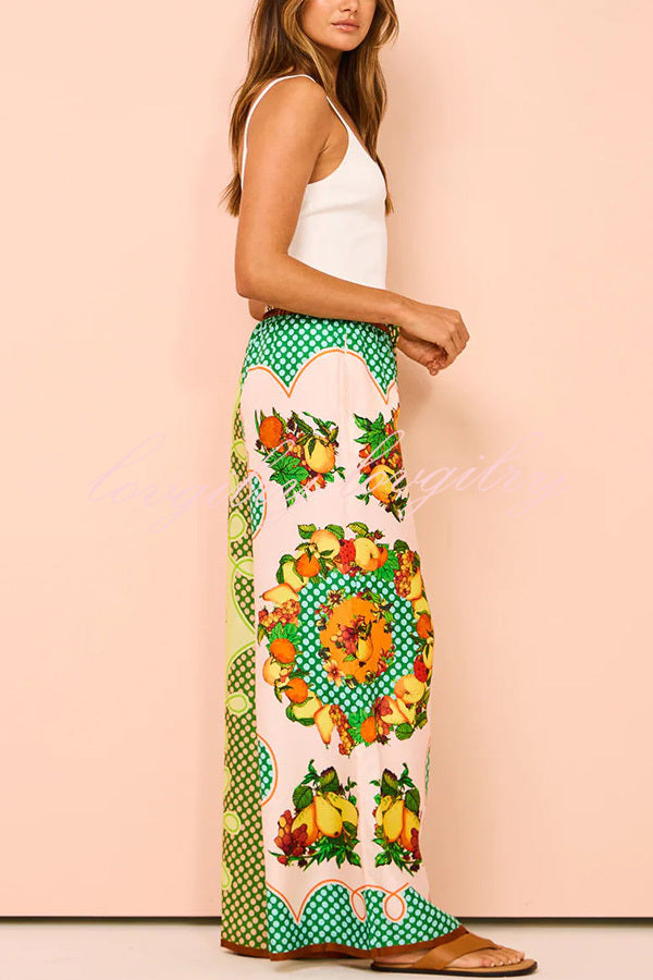 Enjoy Summer Lemon Satin Unique Print Elastic Waist Pocketed Wide Leg Pants