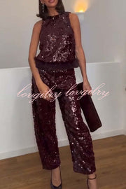 Gala Goddess Sequin High Rise Zipper Waist Wide Leg Pants
