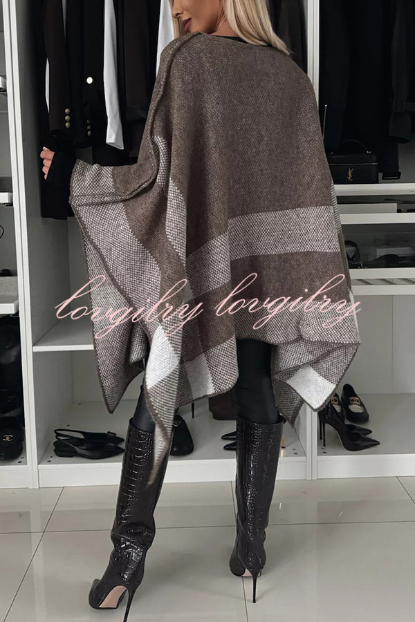 Calm and Elegant Knit Plaid Color Block Batwing Sleeve Loose Poncho