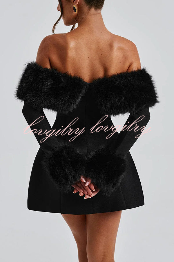 Cute and Luxe Faux Fur Trim Off Shoulder Bubble Shaped Mini Dress