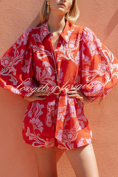 Linen Blend Botanical Print Lapel Puff Sleeve Loose Tie Casual Rompers