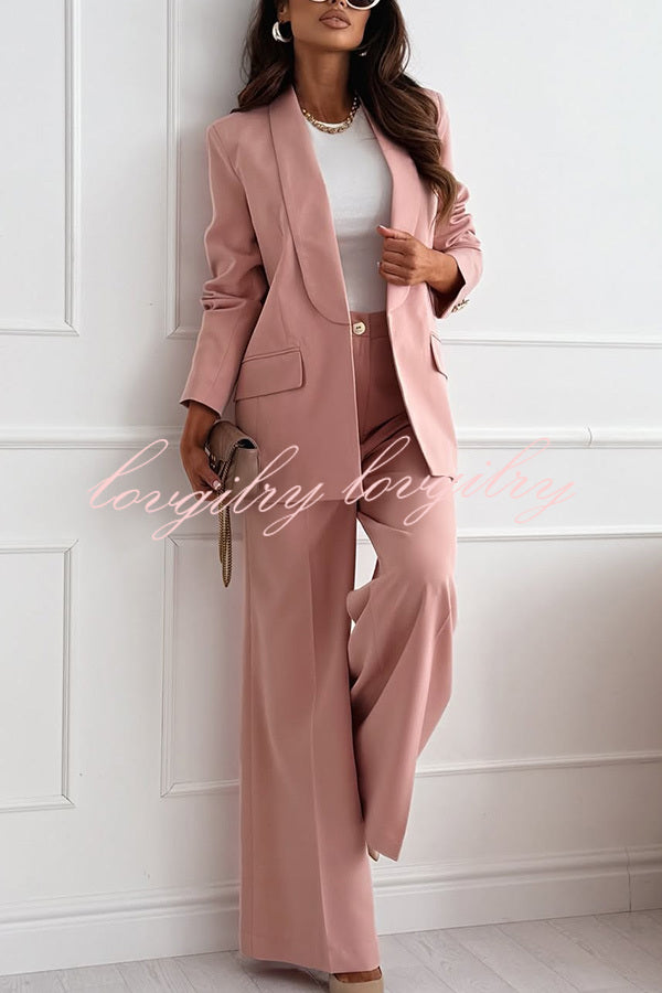 Solid Color Lapel Long Sleeve Casual Blazer and Pocket Wide Leg Pants Set