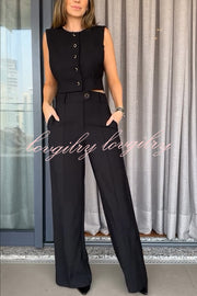 Office Lady Button Up Waisted Vest and High Rise Pocketed Loose Pants Set