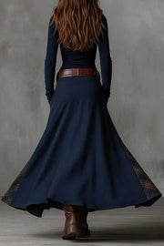 Retro-style Patchwork Single-breasted Long-sleeved Casual Pocket Maxi Dress