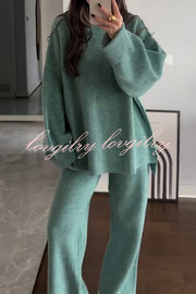 Solid Color Loose Long-sleeved Knit Top and Elastic Waist Casual Straight Leg Pants Set