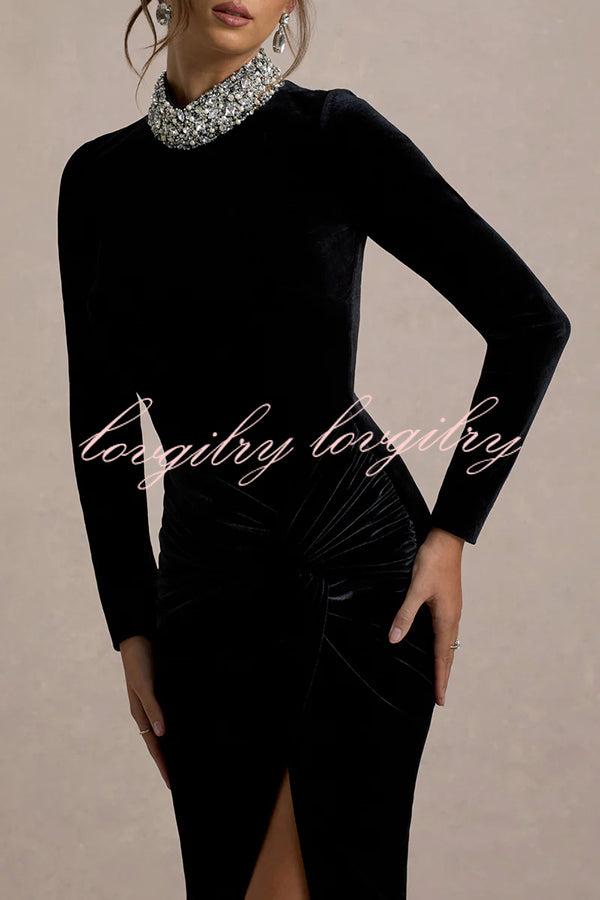 Love Lost Velvet Embellished High Neck Long Sleeve Twist Slit Maxi Dress