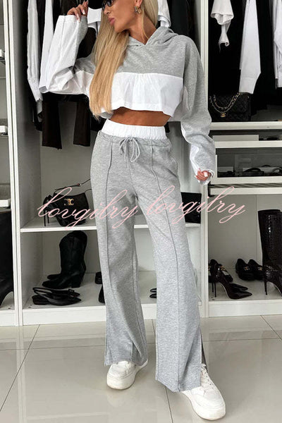 Perfect for Everyday Patchwork Cropped Hoodie and Elastic Waist Pocketed Slit Pants Set