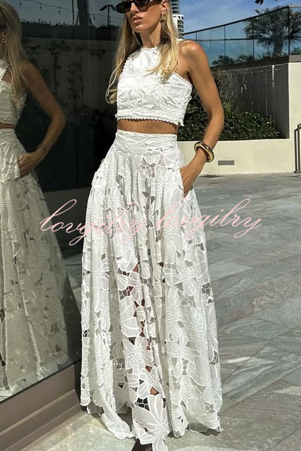 Next Trip Floral Embroidery Crochet Lace Crop Tank Top and Elastic Waist Pocket Maxi Skirt Set