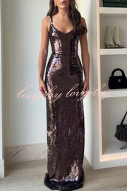 Dazzling Like Flowing Water Sequin V-neck Back Zipper Slit Maxi Dress