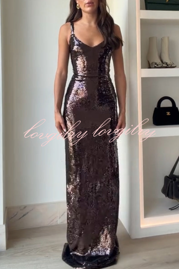 Dazzling Like Flowing Water Sequin V-neck Back Zipper Slit Maxi Dress