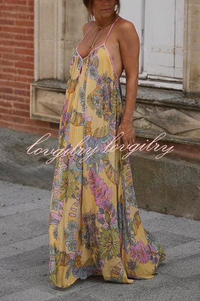 Plant Print Halter Back Loose Holiday Maxi Dress