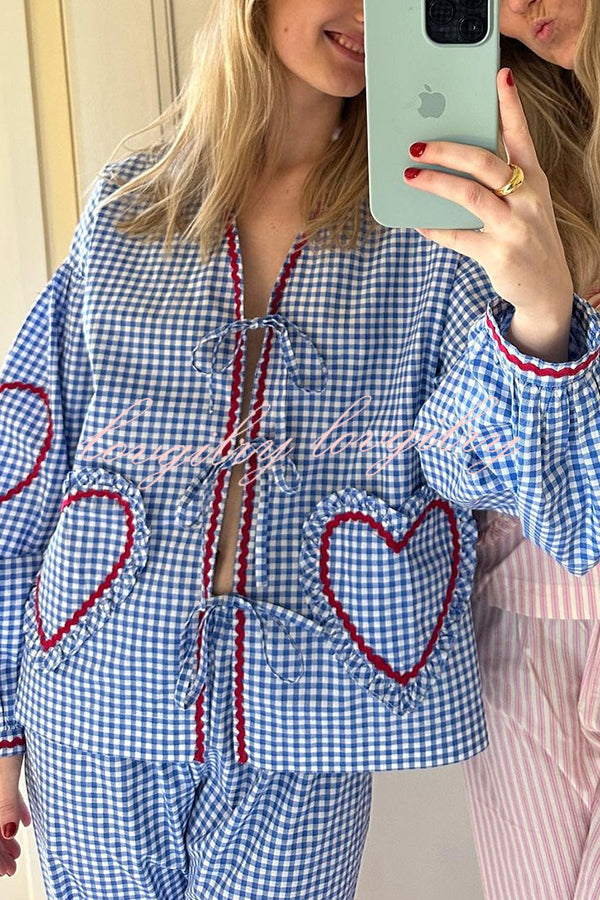 Lovely Plaid Heart Pattern Casual Lace-up Pocket Loose Shirt