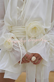 Solid Color Long Sleeve V-Neck Lace-Up Elegant Flower Decorated Mini Dress