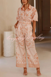 Linen Blend Lapel Puff Sleeve Loose Shirt and Casual Pocket Straight Pants Set
