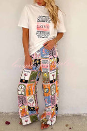 Whimsical Tarot Inspired Print Dolman Sleeve Flowy Shirt and Elastic Waist Wide Leg Pants Set