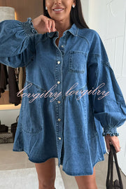 Fashion Heart Button Long Sleeve Casual Pocket Denim Mini Dress