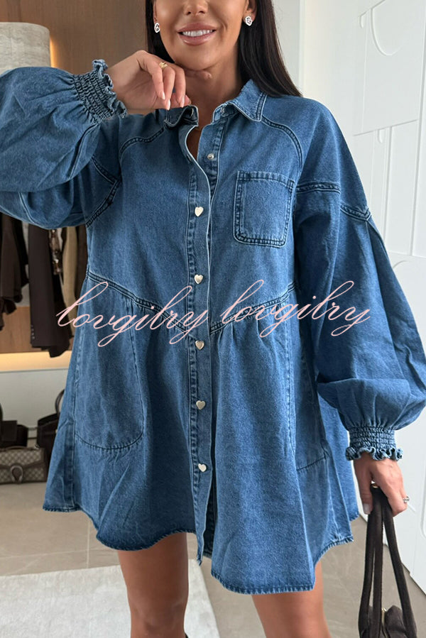 Fashion Heart Button Long Sleeve Casual Pocket Denim Mini Dress