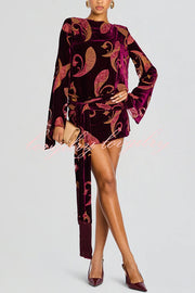 Night Out Velvet Paisley Print Long Sleeve Tie-up Tassel Loose Mini Dress