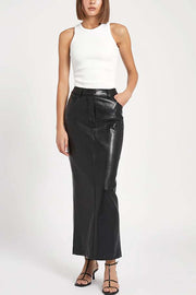 Classic Feel Faux Leather Mid Rise Pocket Slit Stretch Maix Skirt