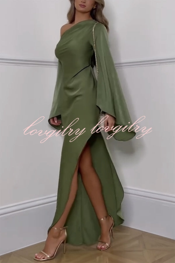 Zayla Satin Asymmetrical One Shoulder Bell Sleeve Slit Maxi Dress