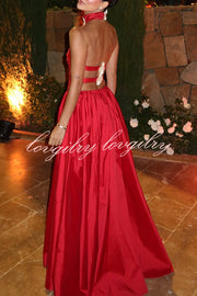 Festive Red Satin Floral Details Open Back Halter Elastic Waist Maxi Dress