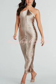 Sexy Allnight Metallic Halterneck Backless Fringed Slit Maxi Dress