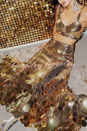 Party Sequin Button Crop Tank and Irregular Round Sequin Tassels Hem Maxi Skirt Set