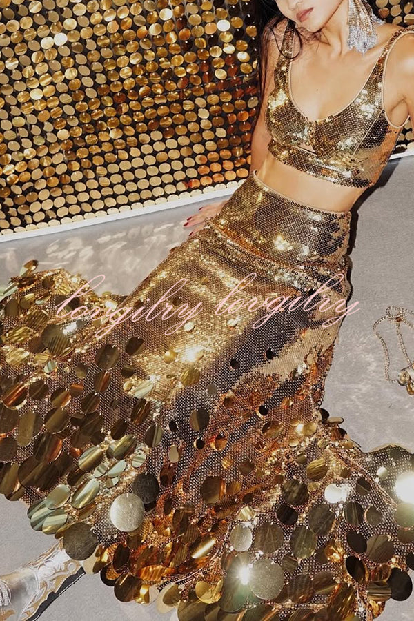 Party Sequin Button Crop Tank and Irregular Round Sequin Tassels Hem Maxi Skirt Set