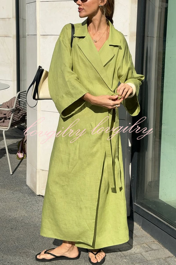 Linen Blend Solid Color Casual Lapel Tie Loose Maxi Dress