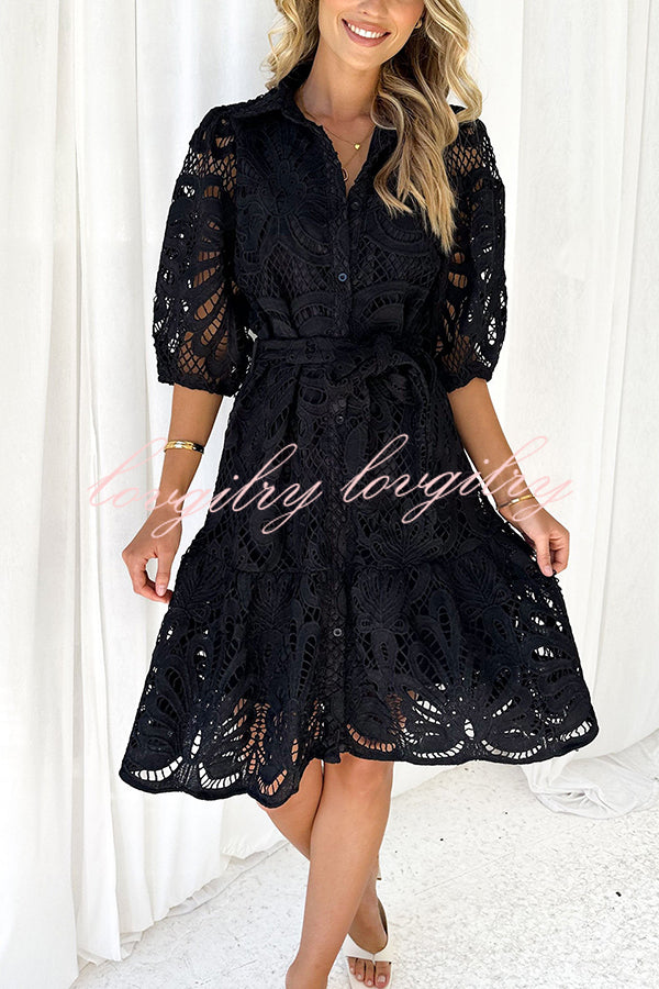 Solid Color Lace Cutout Balloon Sleeves and Waist Tie Mini Dress